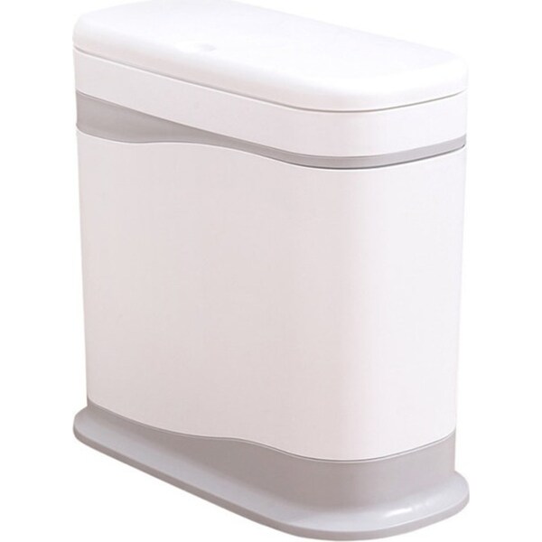 Catzon 12L Slim Plastic Trash Can with Press Top Lid for Bathroom Kitchen -WhiteGrey