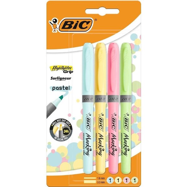 BIC Highlighter Grip Pastel Markers Chisel Tip - Pack of 4 Highlighters