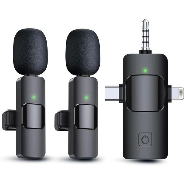 3 in 1 Wireless Lavalier Microphones for iPhone, iPad, Android, Camera, USB-C Microphone, 7-Hour Battery, Mini Microphone with Noise Reduction for Video Recording, Vlog, YouTube, TikTok