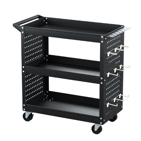 3-Tier Tool Cart Storage Trolley Workshop Garage Pegboard Hooks Black