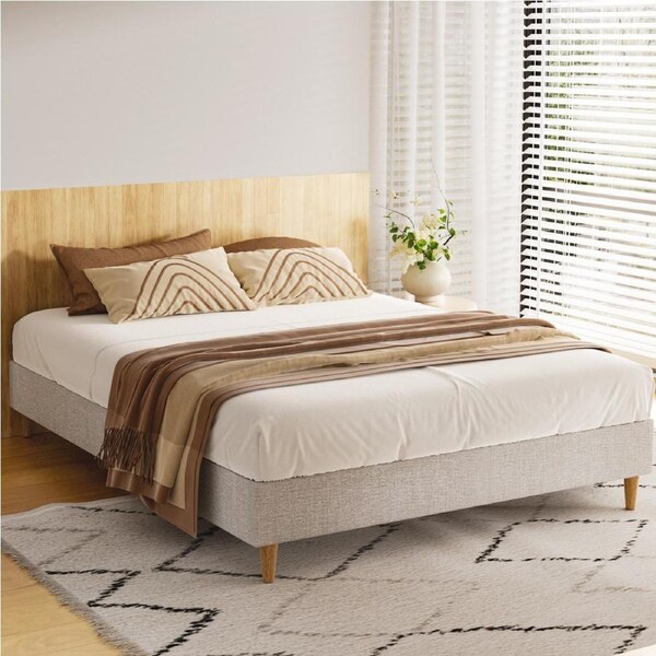 Artiss Bed Base Queen Wooden Beds Frame Beige Fabric Cover ZORA