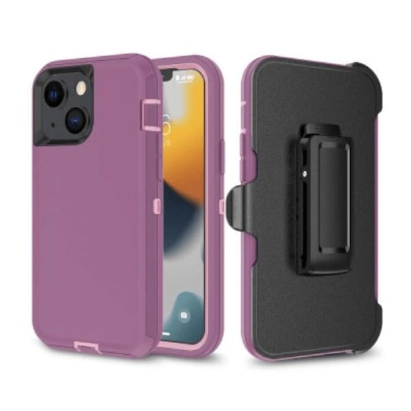 iPhone 14 Plus Rugged Armour Case Cover with 360o Rotation, Belt Clip, and Kickstand - Tough and Shockproof Protection - Purple