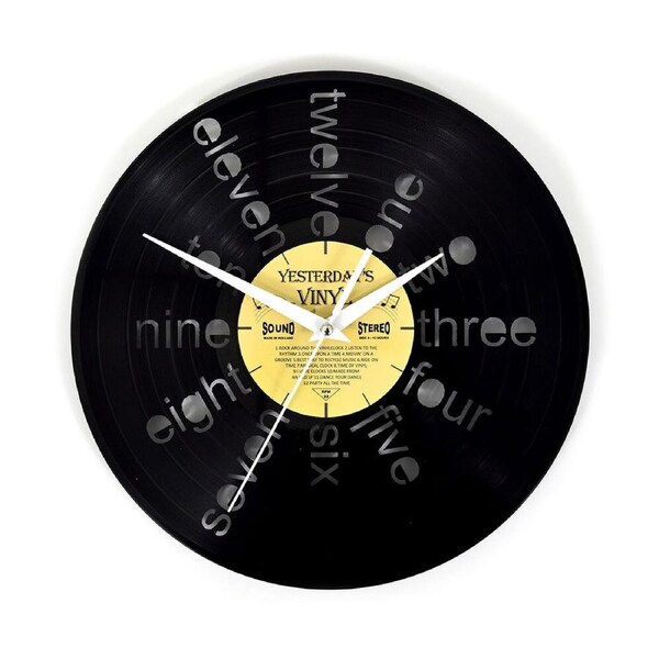 Yesterday’s Recycled Vinyl Rock-n-Roll Music Lover Battery Clock Written Numbers