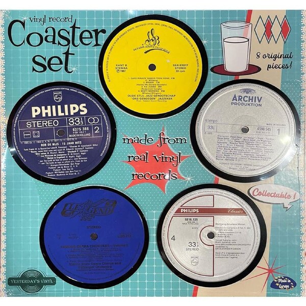 8pc Yesterday’s Recycled Vinyl Music Lover Memorabilia Coaster Set Assorted