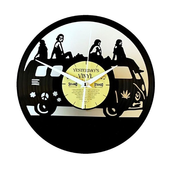 Yesterday’s Recycled Vinyl Music Lover Memorabilia Battery Clock Hippie Bus