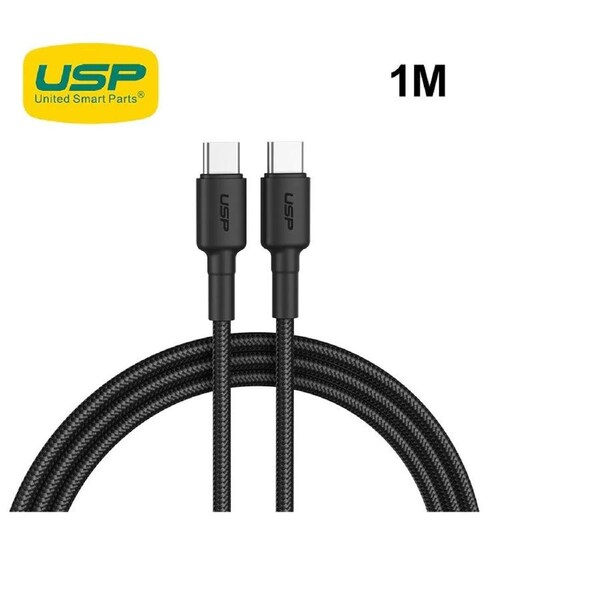 USP BoostUp Braided USB-C to USB-C Cable (1M) Black -3A Fast & Safe Charge,Strong & Durable,Samsung Galaxy,Apple iPhone,iPad,MacBook,Google,OPPO,Nokia