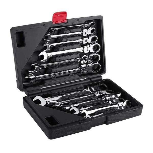 OZNALA 12Pc Flexible Head Ratchet Spanner Set Long Wrench Double End Metric 8-19mm