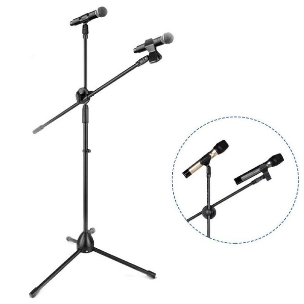 OZNALA Professional Telescopic Boom Dual Microphone Stand Adjustable Mic Holder Tripod w/ 2 in 1 Boom/Mic Clip Black