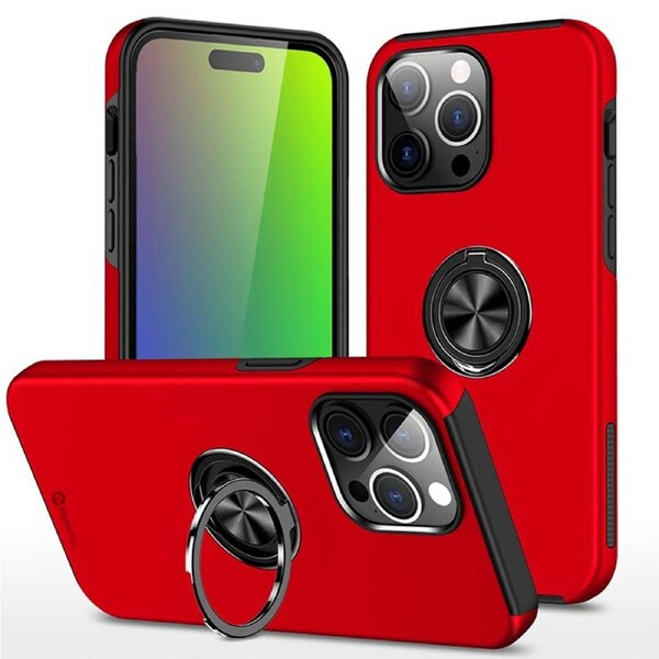 iPhone 14 Pro Comprehensive Protection Case Cover with Magnetic Ring Holder - Anti-Shock, Anti-Falling, Long-Lasting - Red
