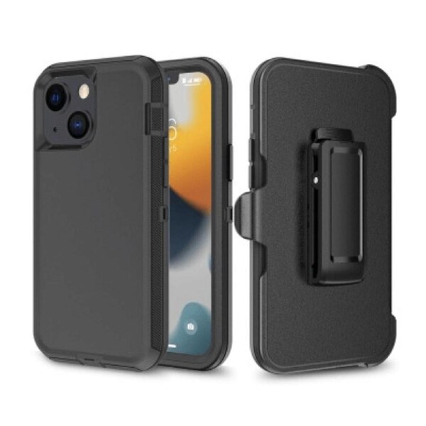 iPhone 14 Rugged Armour Case Cover with 360o Rotation, Belt Clip, and Kickstand - Tough and Shockproof Protection - Black