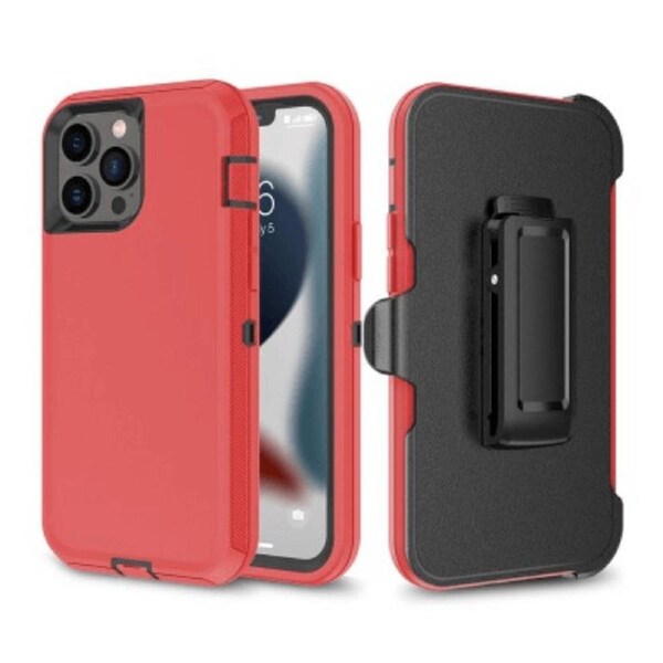 iPhone 14 Pro Rugged Armour Case Cover with 360o Rotation, Belt Clip, and Kickstand - Tough and Shockproof Protection - Red