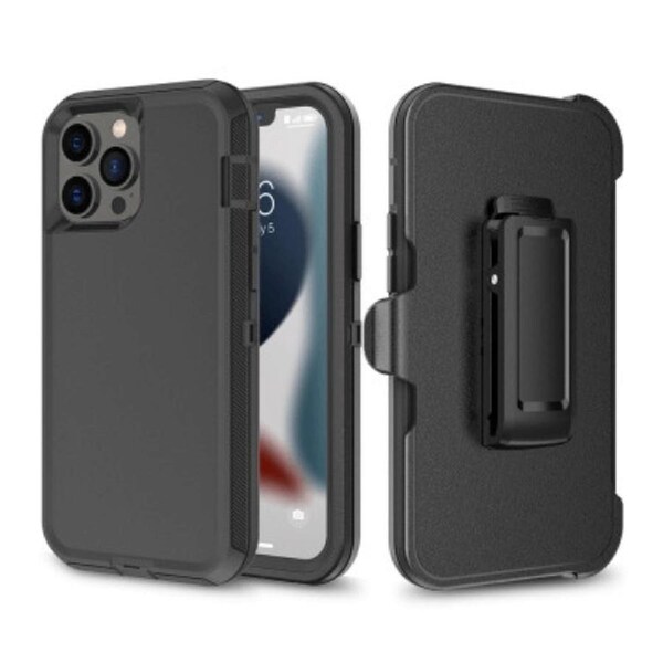 iPhone 14 Pro Rugged Armour Case Cover with 360o Rotation, Belt Clip, and Kickstand - Tough and Shockproof Protection- Black