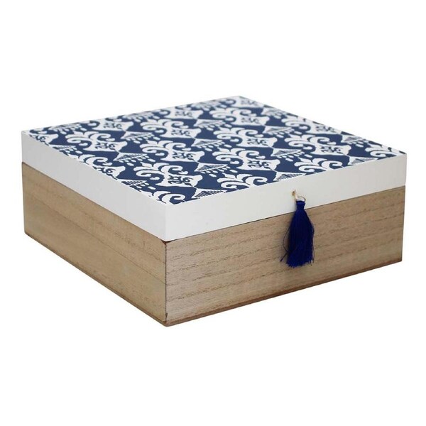 Country Home Wooden Box Blue Motif Hinged Lid