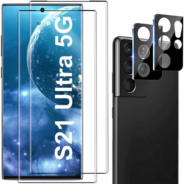 [2+2 Pack] 2 Pack S21 Ultra 5G Glass Screen Protector + 2 Pack Camera Lens Protector-For S21 Ultra 5G