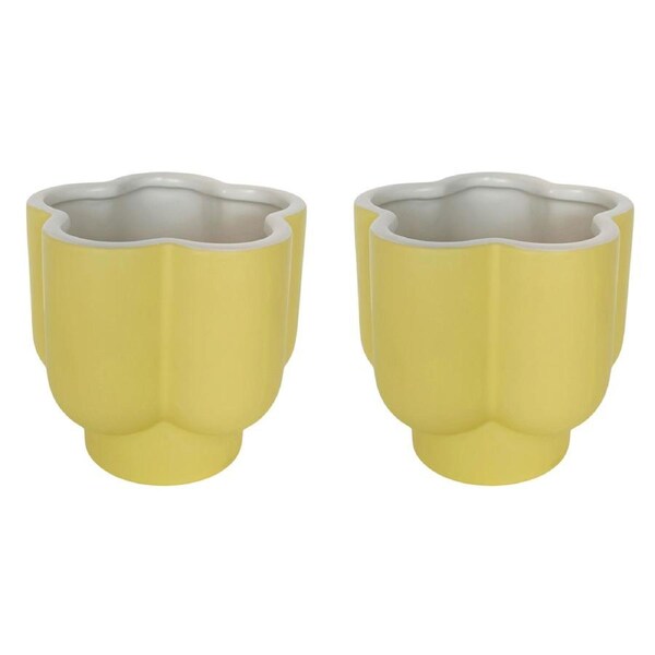 2x Urban Products 13cm Ceramic Groovy Flower Planter Home/Garden Pot Yellow/WHT