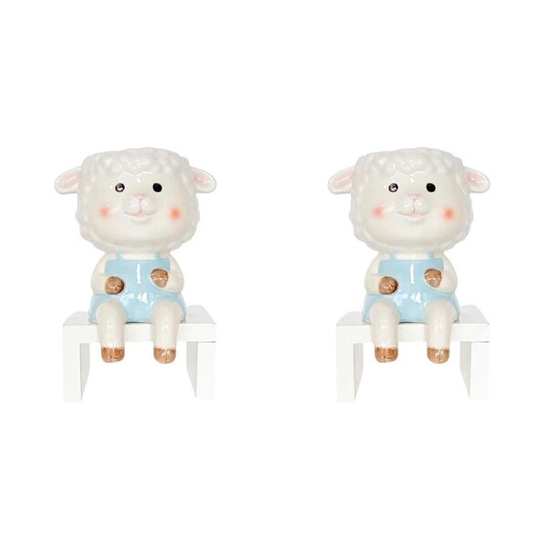 2x Urban Products Sitting Sheep Themed Planter Garden Decor White Light Blue