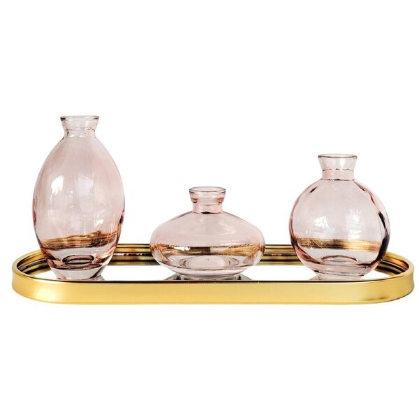 3pc Urban Products Kinkora Home Decor Glass Display Vases with Tray Pink