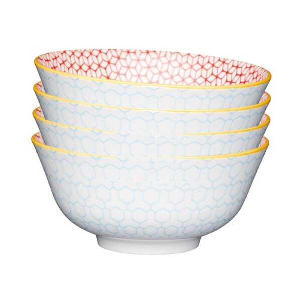 4x Mikasa Does it All Dining Tableware Glazed Bowl 15.7cm Geometric Blue
