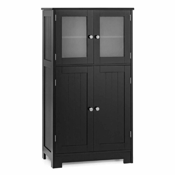 Costway Bathroom Cabinet Toilet Storage Cupboard Organizer w/Shelf & 4 Doors Hallway Living Room Black
