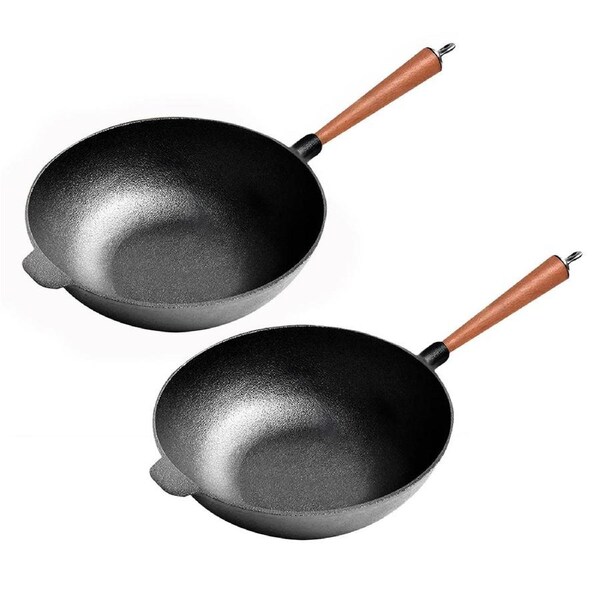 SOGA 2X 31cm Commercial Cast Iron Wok Round Bottom FryPan Home Cooking Skillet
