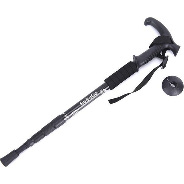 Folding Walking Stick Telescopic Adjustable Antishock Hiking Grip Pole Trekking - Black