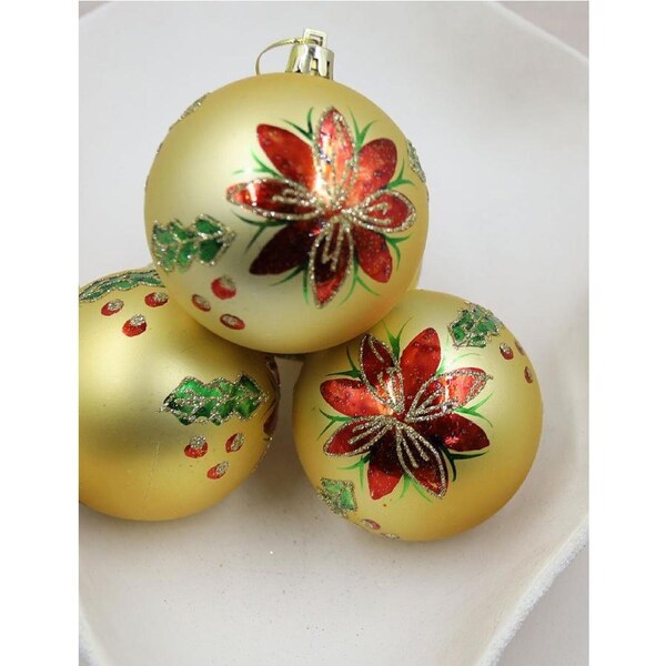 Gold with Flowers Christmas Baubles 80mm 4 pack Matt