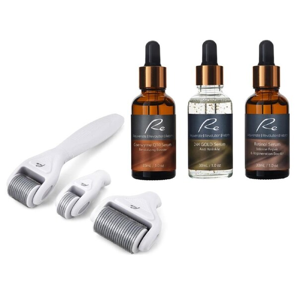 Re Derma Roller All In One Set + Coenzyme Q10 Serum + 24K Gold Serum + Retinol Serum