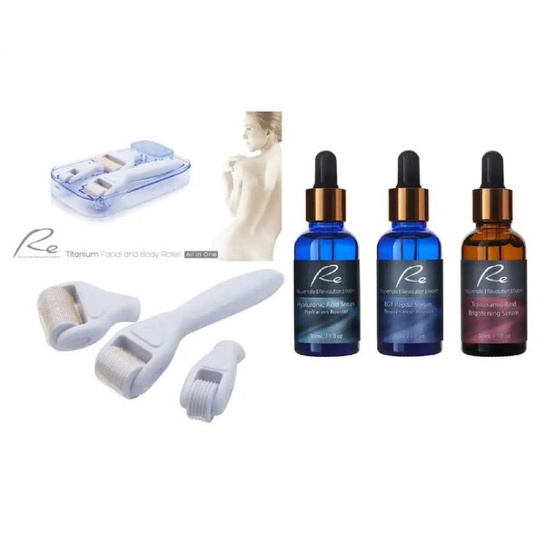 Re Facial Derma Roller All In One Set TITANIUM + Hyaluronic Acid Serum + EGF Serum + Tranexamic Acid Serum