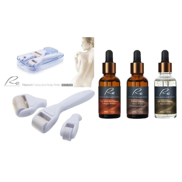 Re Facial Derma Roller All In One Set TITANIUM + Vitamin C Serum + Retinol Serum + 24K Gold Serum