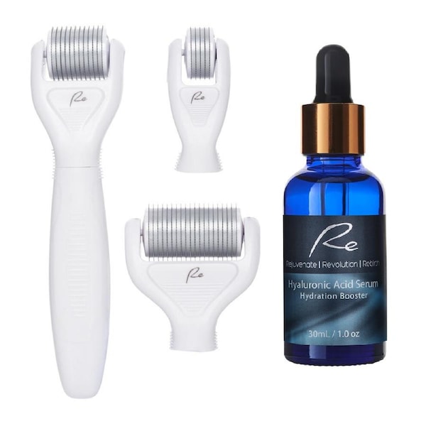 Microneedle Face & Body DERMA ROLLER 3 PIECE SET & Hyaluronic Acid Serum 30ml