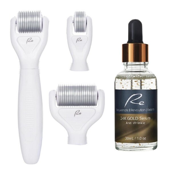 Micro-Needle Face&Body DERMA ROLLER 3 PIECE SET&24K Gold Anti-Wrinkle Serum 30ml
