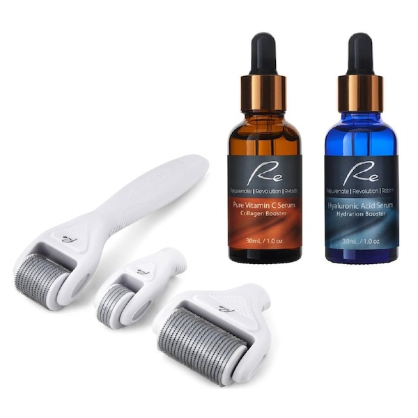 Micro-Needle Face and Body Derma Roller Set with Vitamin C+Hyaluronic Acid Serum