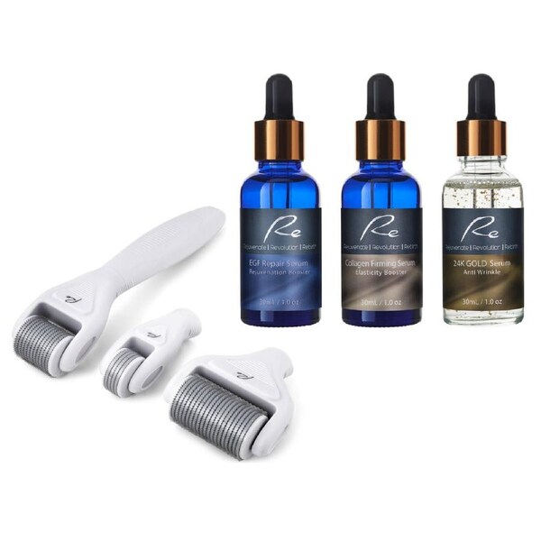 Micro-Needle DERMA ROLLER 3 PIECE SET+ EGF + Collagen + 24K Gold Serum - 3x30mL