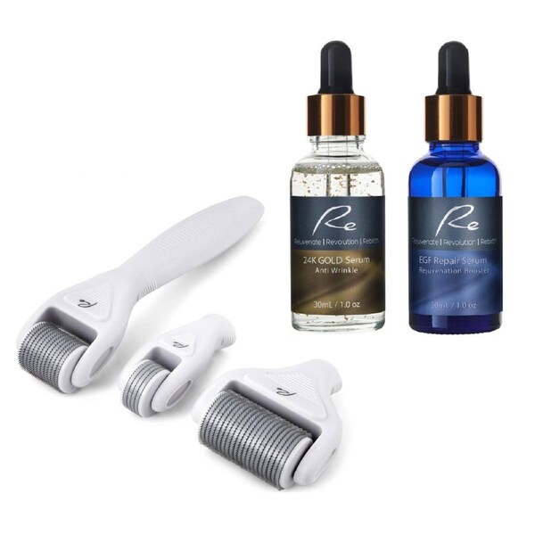 Micro-Needle Face & Body DERMA ROLLER 3 PIECE SET + 24K Gold + EGF Repair Serum