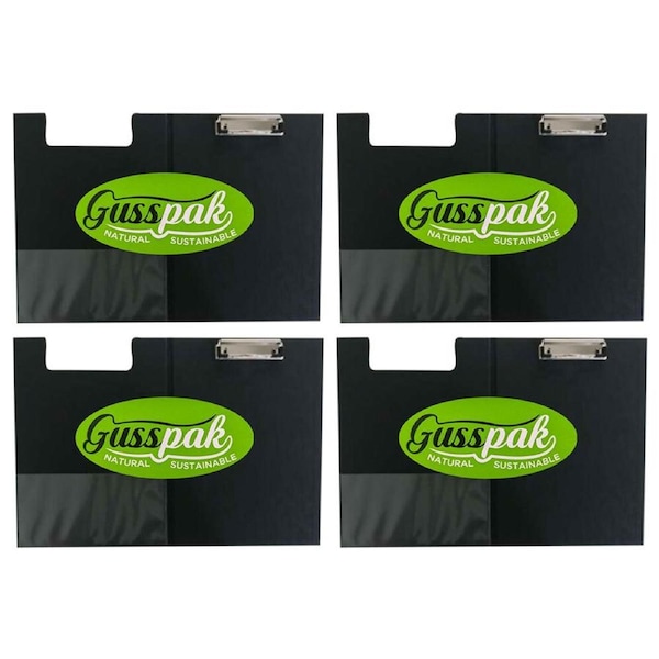 4PK Gusspak Durable Plastic Folding Clipboard A4/A3 Paper - Black w/Plastic Slip