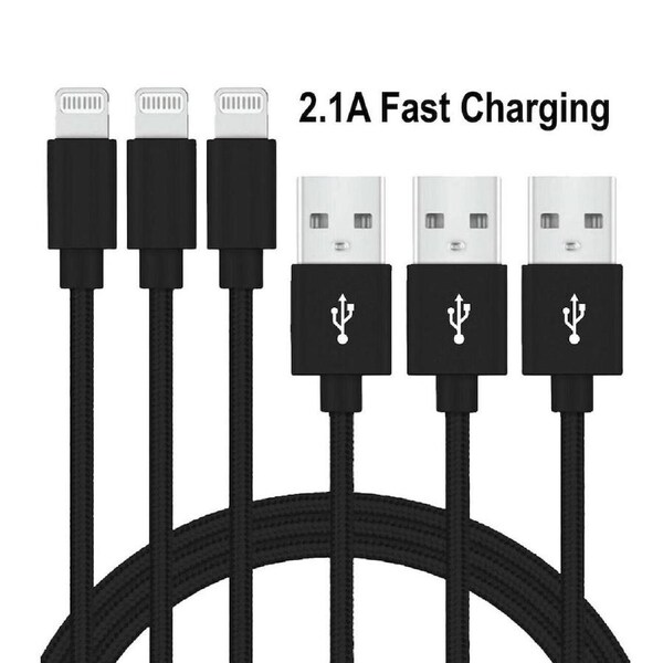 [3 Pack] 2M USB 2.1A Fast Charger Cable Naylon Braided For Apple iPhone 14 13 12 11 XR X S Max Charging Cord - Black