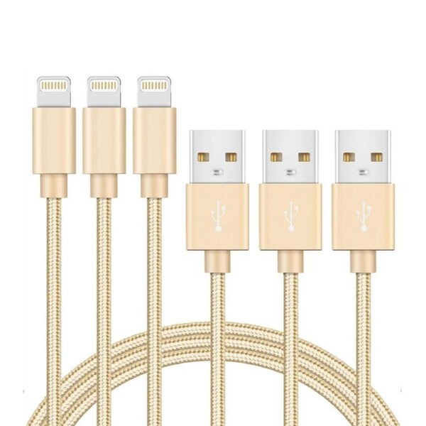 [3 Pack] 2M USB 2.1A Fast Charger Cable Naylon Braided For Apple iPhone 14 13 12 11 XR X S Max Charging Cord - Gold