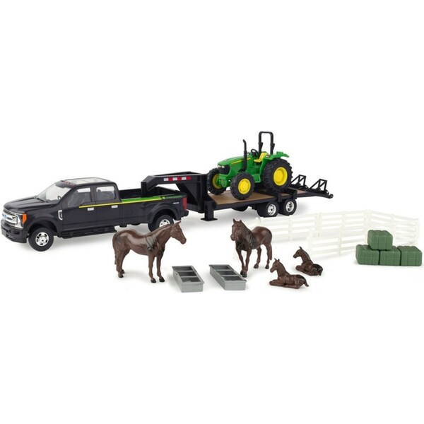 John Deere 1: 32 Ford Pickup w/John Deere Tractor On Trailer & Horses & Yard 3Y+
