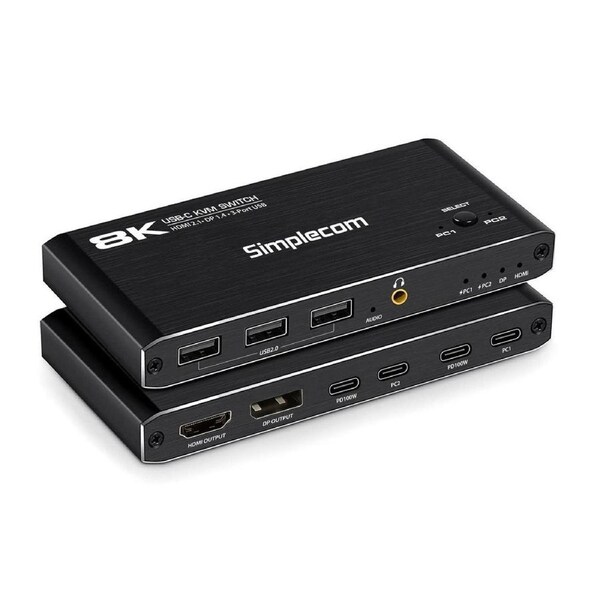 SIMPLECOM KM470 2-Port USB-C KVM Switch 8K Docking Station HDMI 2.1 DP for Laptop Tablet