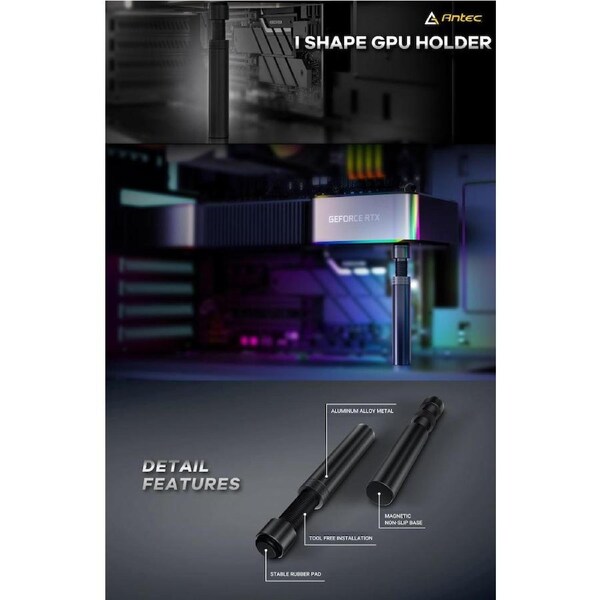 ANTEC IGPU, VGA Bracket Holder. Solid Construction & durability - Black Aluminum Alloy Metal. Magnetic Non-Slip Base, Tool Free. Stable Rubber Pad top