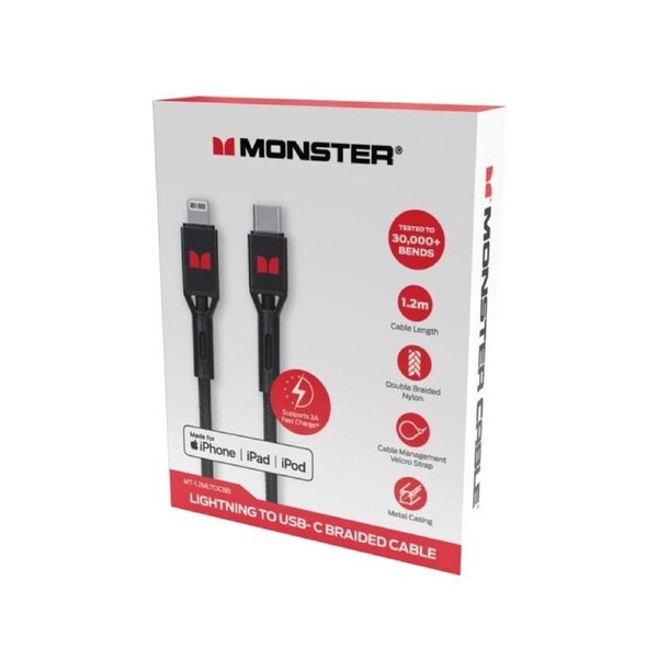 MONSTER Lightning to USB-C Braided Cable - Black 1.2m