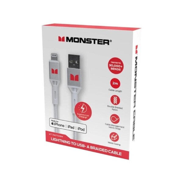 MONSTER Lightning to USB-A Braided Cable - White 2m