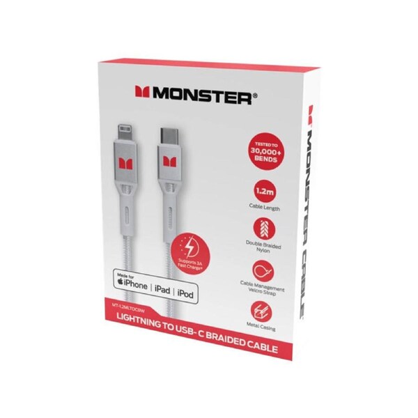 MONSTER Lightning to USB-C Braided Cable - White 1.2m