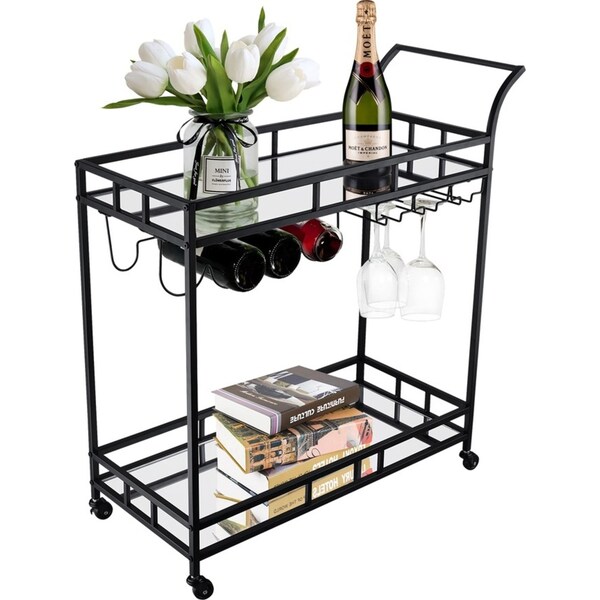 Black 2-tier Metal Bar Cart Drinks Serving Trolley Alcohol Whiskey Rack Holder Kitchen Dining Trolley Glass Storage Holder