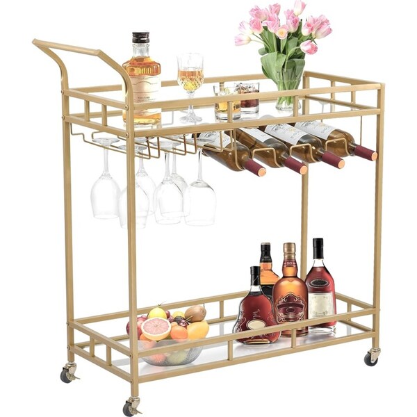 Gold 2-tier Metal Bar Cart Drinks Serving Trolley Alcohol Whiskey Rack Holder Kitchen Dining Trolley Glass Storage Holder