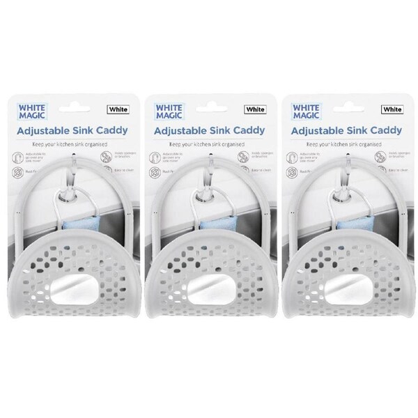 3x White Magic Adjustable Kitchen Sink Silicone Caddy Storage Organiser White
