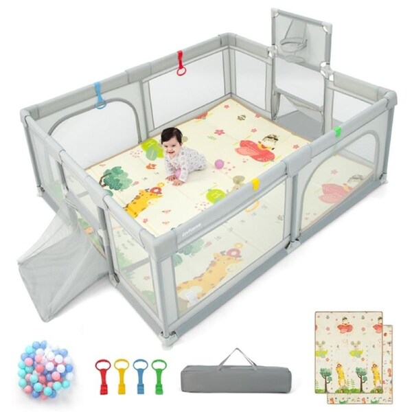 Costway Portable Playpen Security Enclosure Play Fence w/Crawling Mat & Pull Ring, Light Grey 185x155x69cm