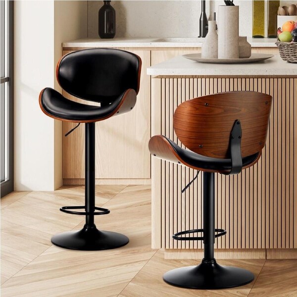 Oikiture 2x Bar Stools Kitchen Stool Swivel Chair Wooden Leather Gas Lift
