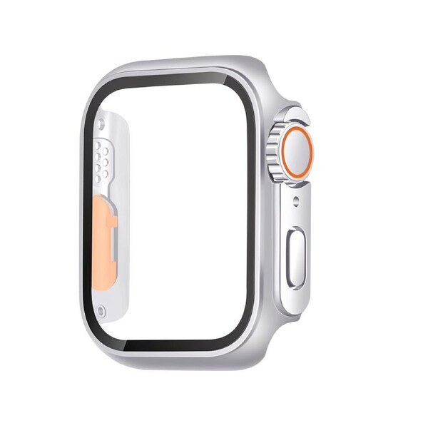 For Apple Watch Series 7,45-mm Case,Glass PC Integrated Case,Silver Orange
