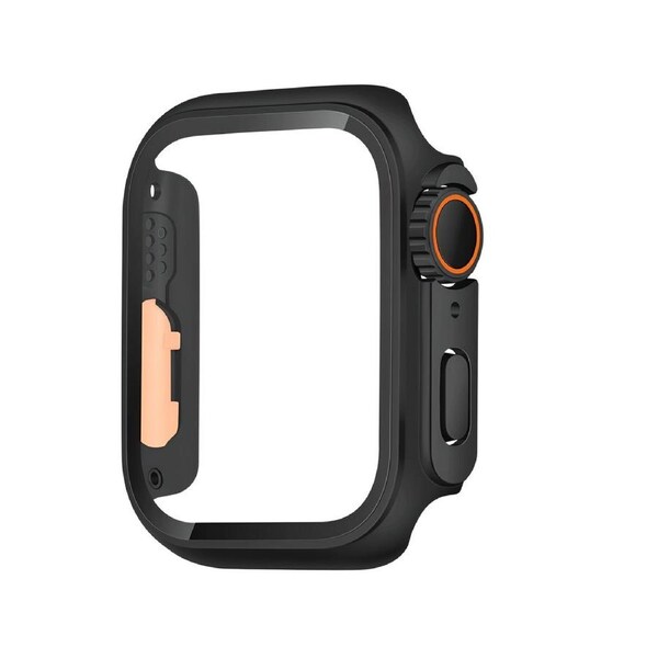 For Apple Watch Series 9,45-mm Case,Glass PC Integrated Case,Black Orange